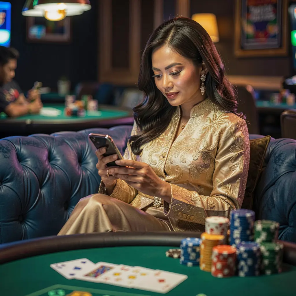 Stylish Filipino woman relaxing on a sofa while using the FFVIP8 casino app with glowing chips and cards creating a premium mobile gaming mood