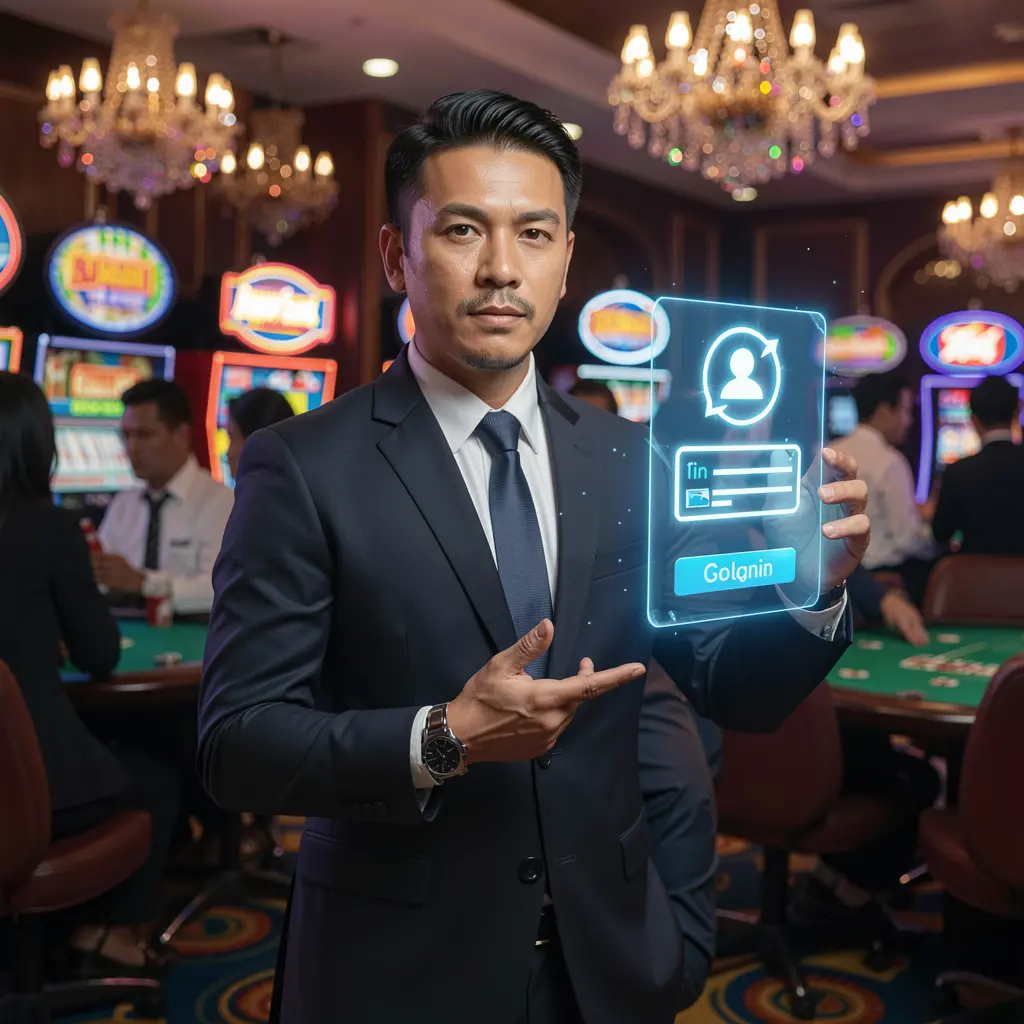Confident Filipino casino professional presenting a glowing digital login interface representing trusted access at FFVIP8 casino in the Philippines